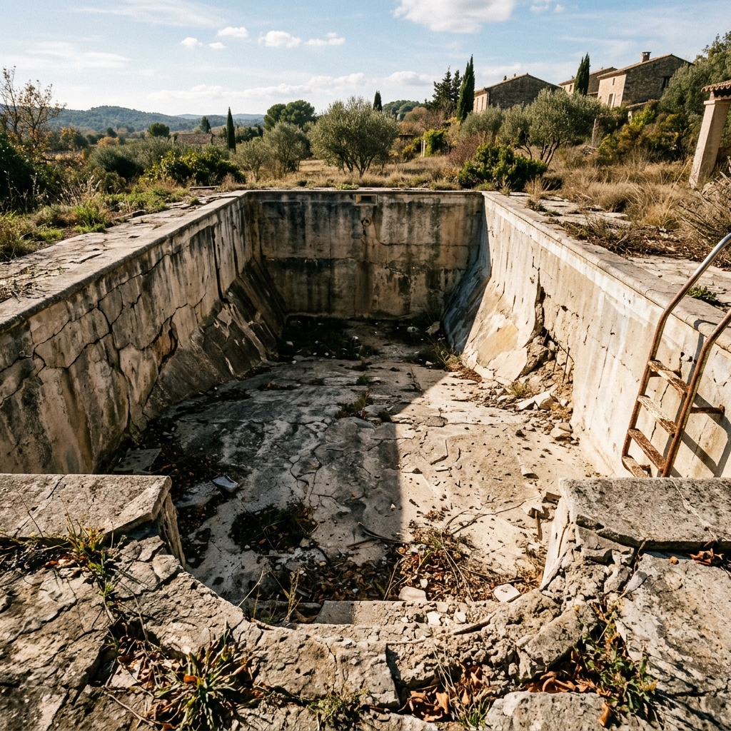 Before: cracked and abandoned swimming pool